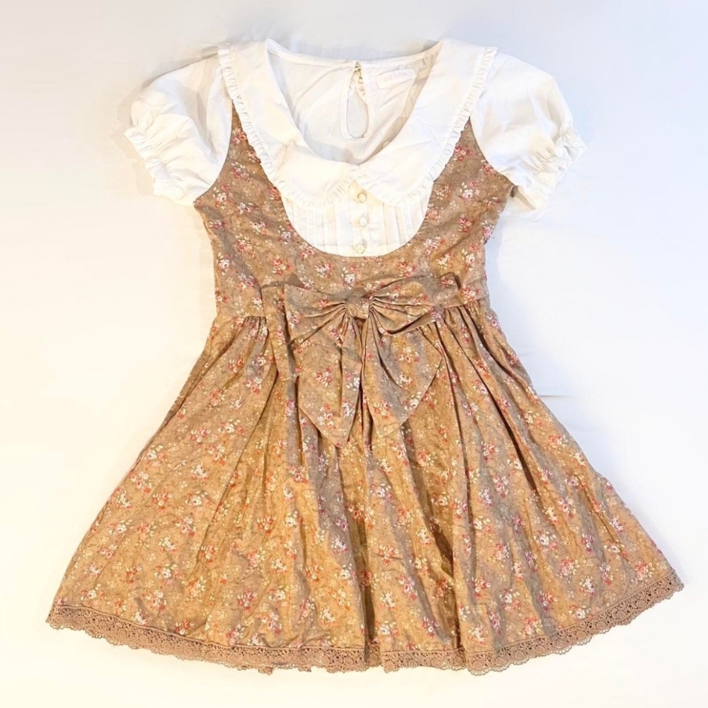 NWT japanese brand liz lisa brown floral collar dress with bow on the back